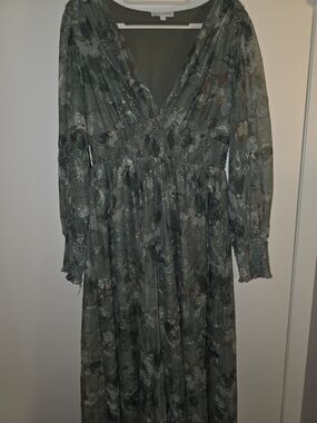 Sandro Green Floral Long-Sleeve Midi Dress